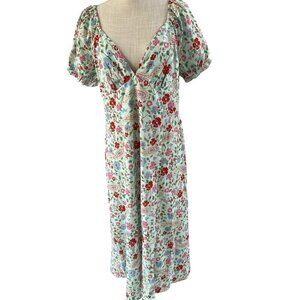 SHEIN Floral V-Neck Midi Dress With Puff Sleeves & Empire Waist XL